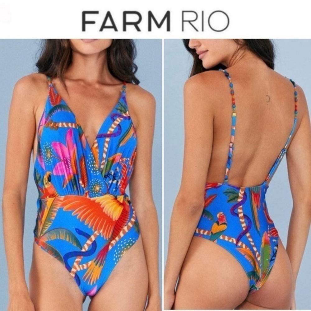Farm RIO Blue Macaw Party One Piece Swimsuit sz M NWT